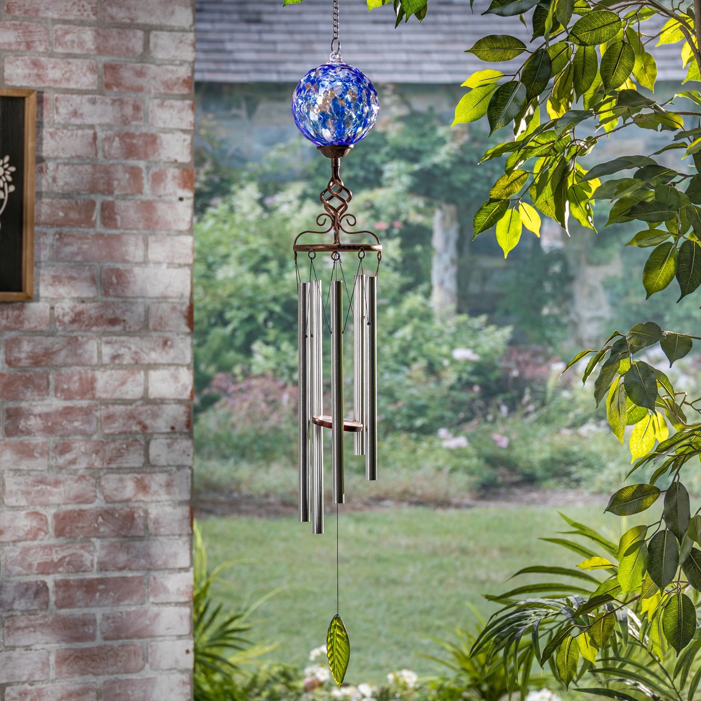 43.3 in Metal and Blue Hand blown Glass Wind Chime - stevesdecorandpets