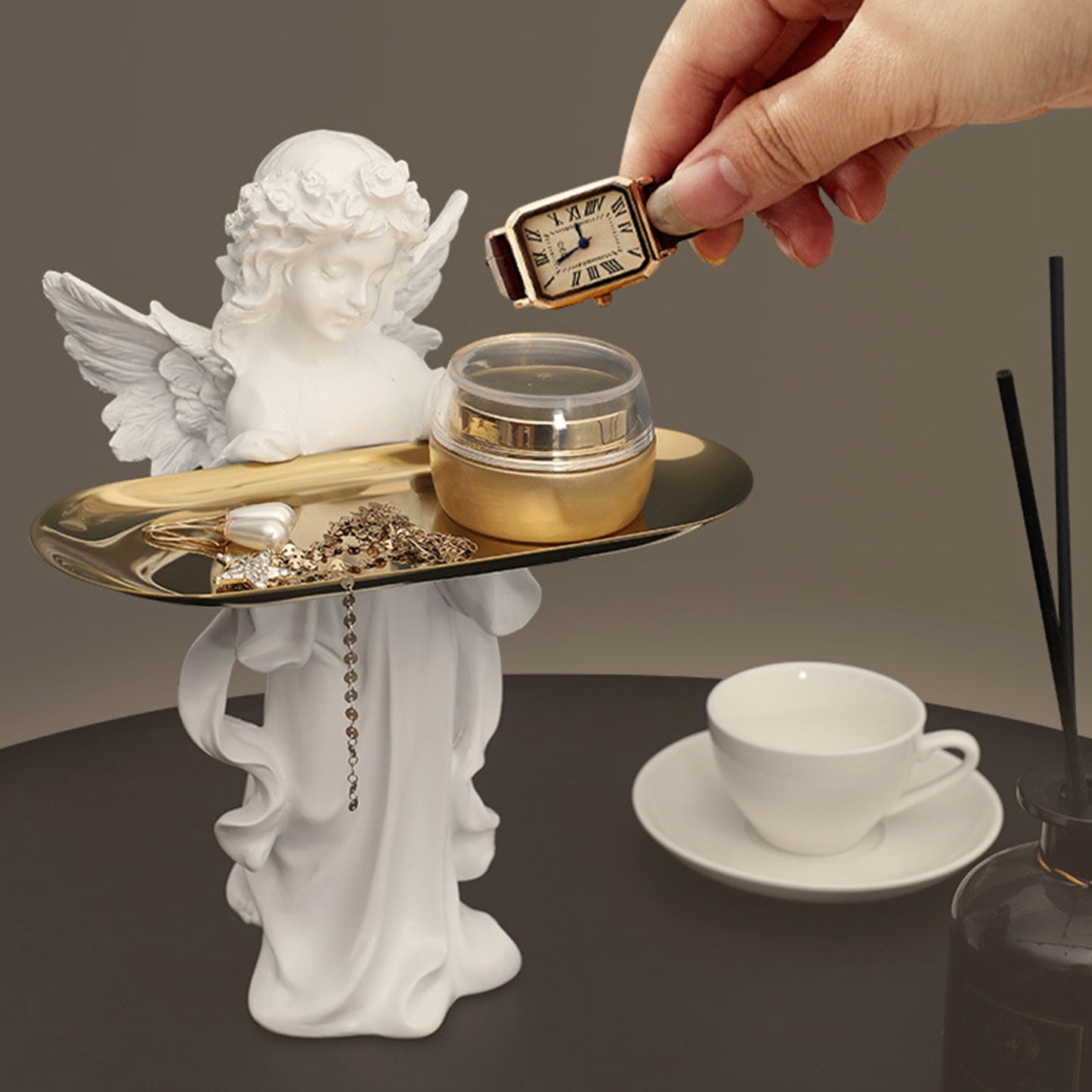 Girl Angel Sculpture With Metal Tray - stevesdecorandpets