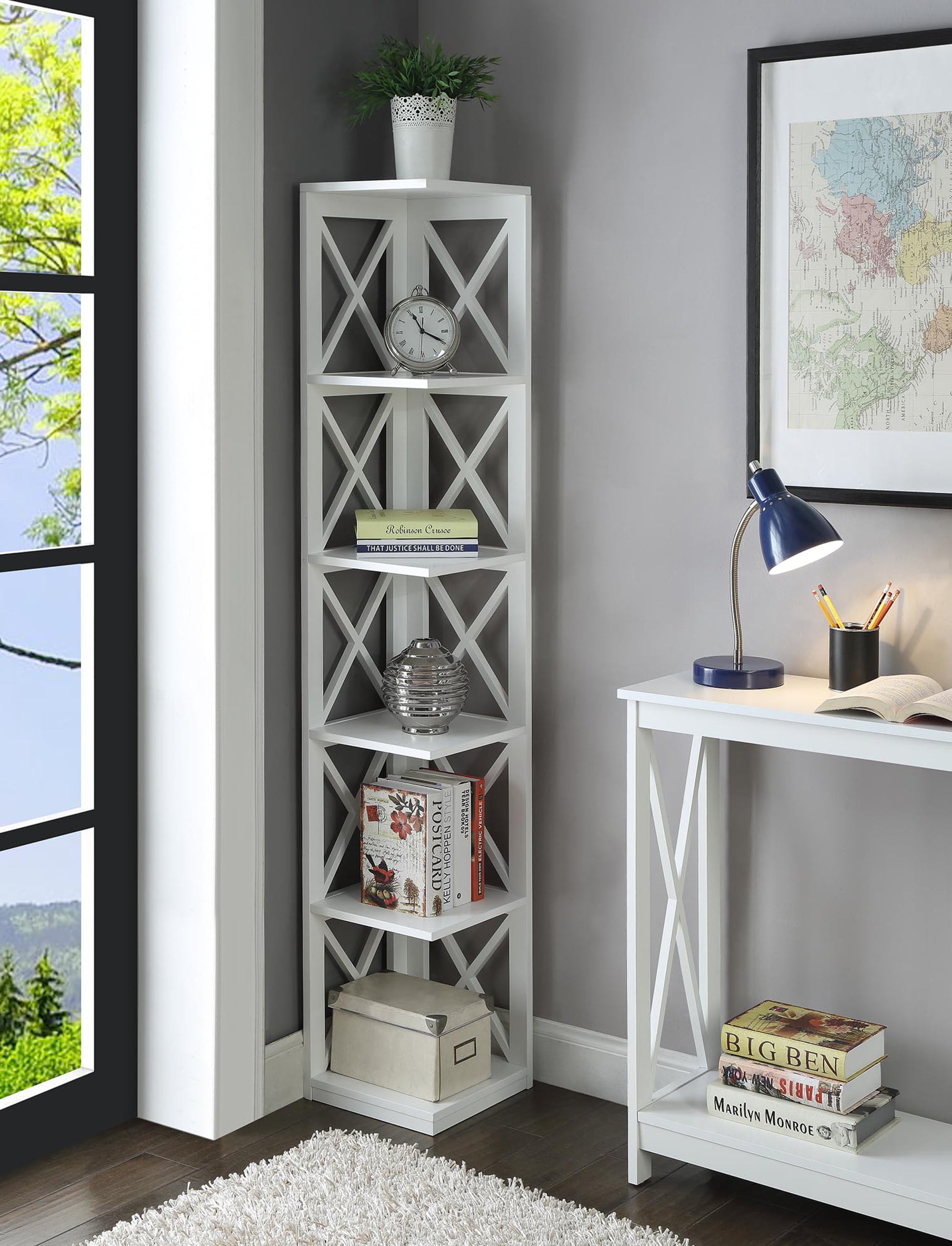 5-Tier Corner Bookcase, White - stevesdecorandpets