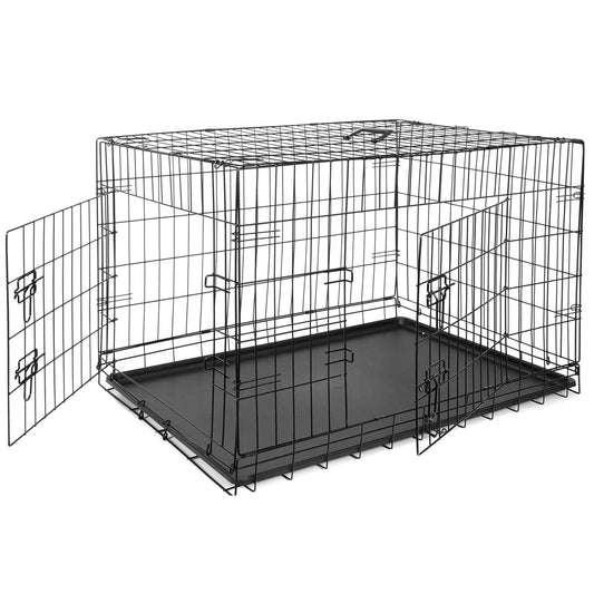 36" Folding Pet Cage Dog Crate Kennel Metal 2Door With Tray Black - stevesdecorandpets